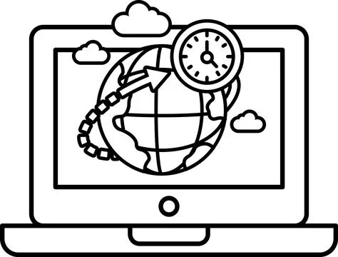 A laptop screen shows a globe with a clock on it Stock Illustration