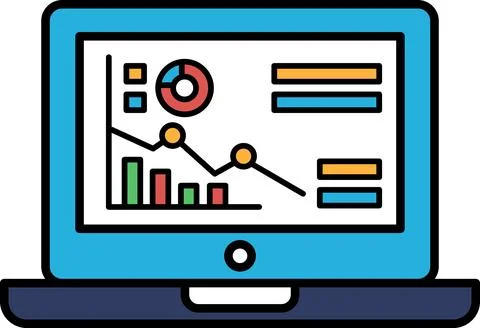 A laptop screen shows a graph with a downward trend Stock Illustration