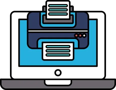 A laptop screen shows a printer with a stack of papers on top of it イラスト素材