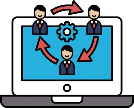 A laptop screen shows three men in suits and ties, with arrows pointing to th 스톡 일러스트