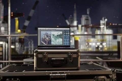 Laptop screen shows visualization and monitoring software on empty platform Stock Photos