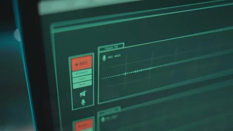 Laptop screen with sound recording software and visual audio waveform on Stock Footage 340427890