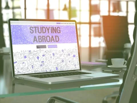 Laptop Screen with Studying Abroad Concept. 3D Illustration Stock Illustration