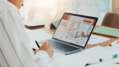 Laptop screen, tutorial and writing with business person at in office for ideas Stock Photos