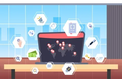 Laptop screen with world map location geo tags different computer applications Stock Illustration