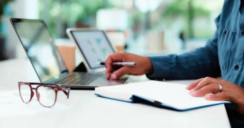 Laptop screen, writing or hands with notebook at desk for data analysis, charts Stock Footage 323296126