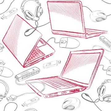 Laptop seamless pattern Computers connection background. Illustrazione stock