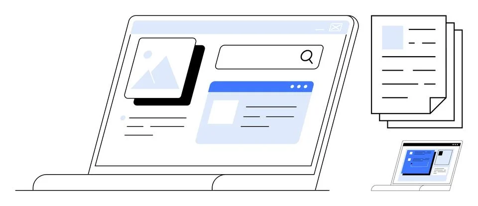 Laptop with Search Interface and Documents Representation for Data Organization Illustrazione stock