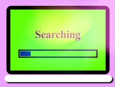 Laptop with Searching on screen progress bar on purple background. Illustrazione stock