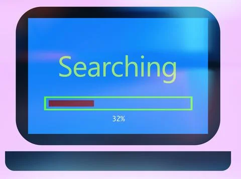 Laptop with Searching on screen progress bar on green background. Stock Illustration