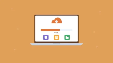 Laptop with secure encrypted cloud upload and a progress bar, orange Stock-Footage 342594404