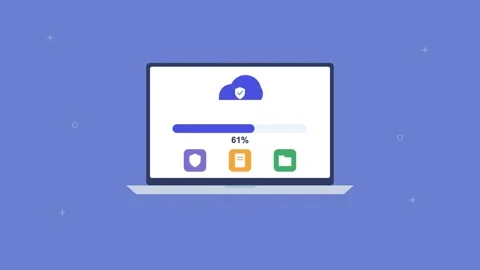 Laptop with secure encrypted cloud upload and a progress bar, indigo Stock Footage 342594408
