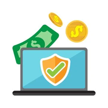 Laptop with security icon, cash, and coins representing safe online financi.. Illustrazione stock