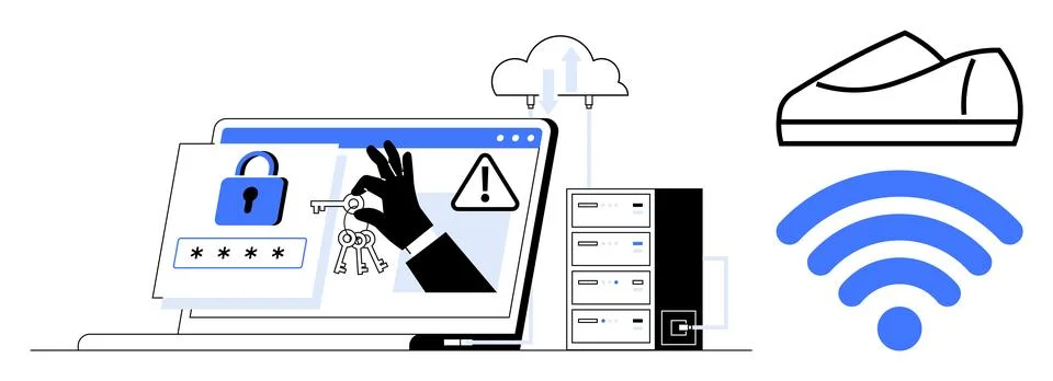Laptop with security lock, encryption password, hand with keys, and warning s Stock Illustration