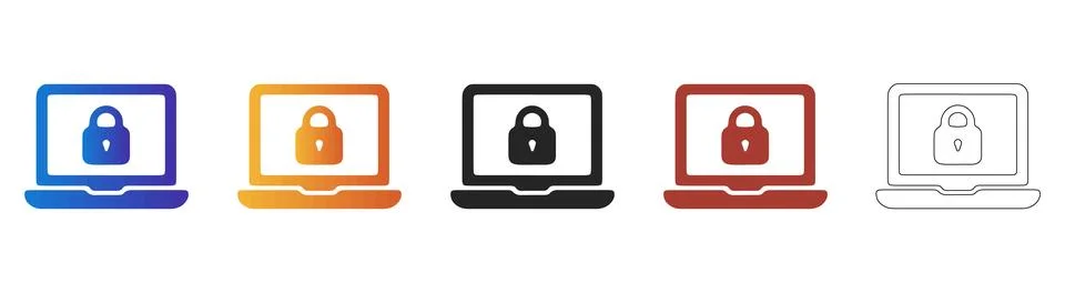 Laptop security lock screen cyber icon set 스톡 일러스트
