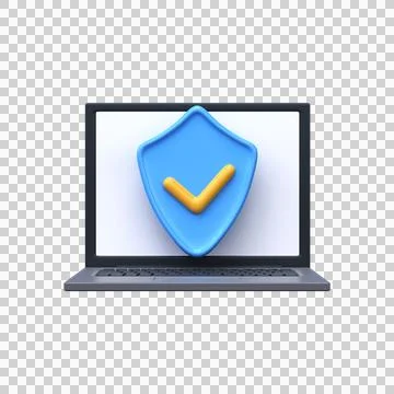 Laptop with security shield symbol. 3d data protection icon 스톡 일러스트