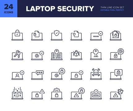 Laptop security vector line icon set Stock Illustration