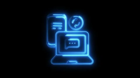 Laptop server and data synchronization glowing neon outline on black backgr.. Video stock 308458793