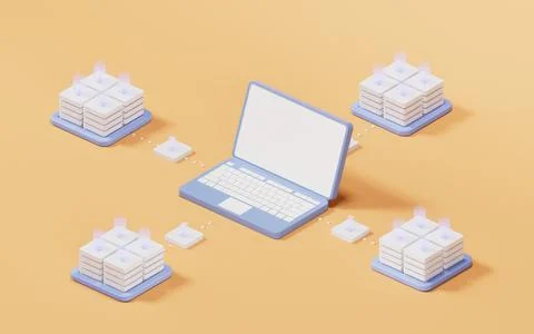 Laptop with server equipment, 3d rendering. Illustrazione stock