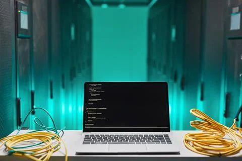 Laptop in Server Room Stock Photos