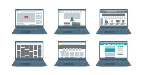 Laptop set. Computer screen. Flat, cartoon, vector Stock Illustration