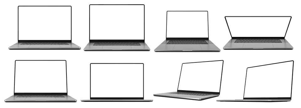 Laptop set with an empty screen in various configurations - different angle.. 스톡 사진