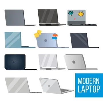 Laptop Set Vector. Modern Office Laptop Monitors. Office, Home, Laptop Screen 스톡 일러스트