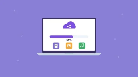 Laptop sharing files to the cloud with progress bar and file icons, violet Video stock 342594338