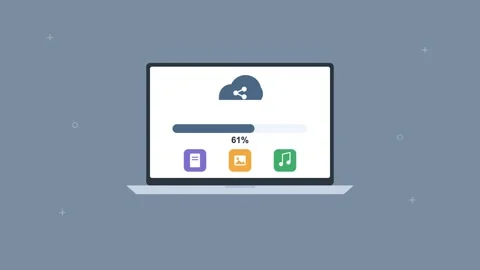 Laptop sharing files to the cloud with progress bar and file icons, slate gray Vídeos de archivo 342594345