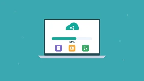 Laptop sharing files to the cloud with progress bar and file icons, teal Vídeos de archivo 342594353