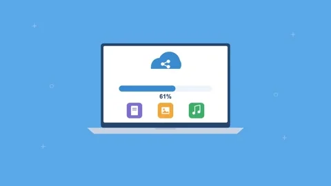 Laptop sharing files to the cloud with progress bar and file icons, sky blue Stock Footage 342594355