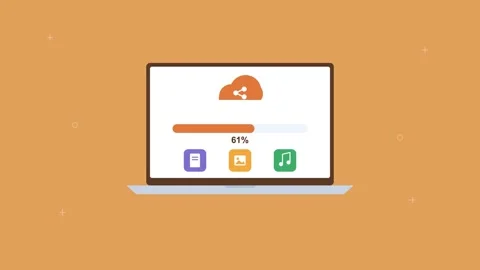 Laptop sharing files to the cloud with progress bar and file icons, orange Stock Footage 342594361