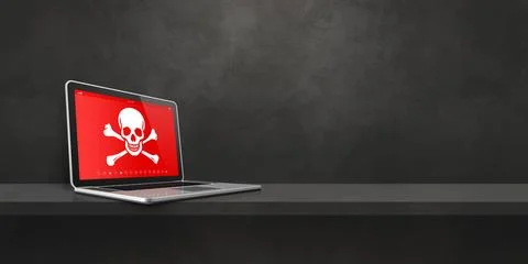 Laptop on a shelf with a pirate symbol on screen. Hacking concept Stock Illustration