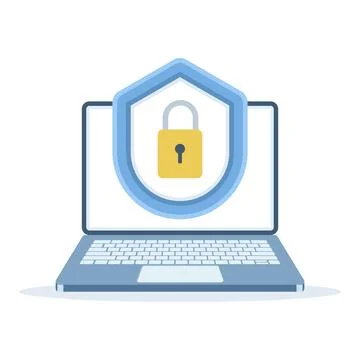 Laptop with shield and lock vector, isolated on white. Ideal for data protection 스톡 일러스트