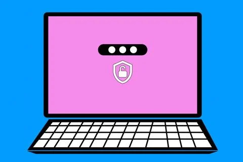 Laptop with a shield icon on the screen symbolizing cybersecurity on a blue.. Ilustração Stock