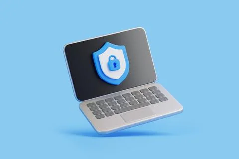 Laptop with Shield Lock Icon for Cybersecurity Stock Illustration