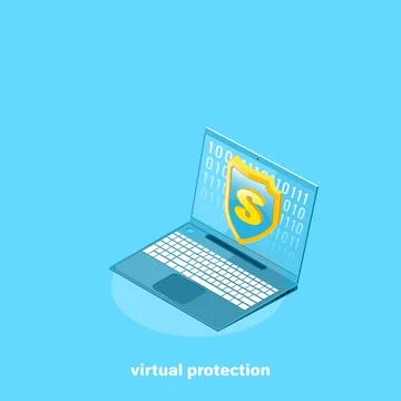 Laptop with a shield on the screen, isometric image Stock Illustration