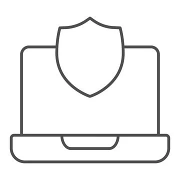 Laptop with shield thin line icon, web security concept, internet security sign Stock Illustration