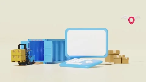 Laptop with shipping container for import export, forklift, goods cardboard.. Stock Footage 266756002
