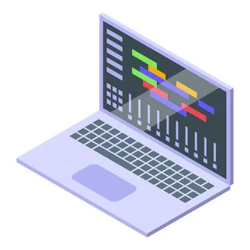 Laptop showing audio editing software interface with colorful bars and contro Illustrazione stock