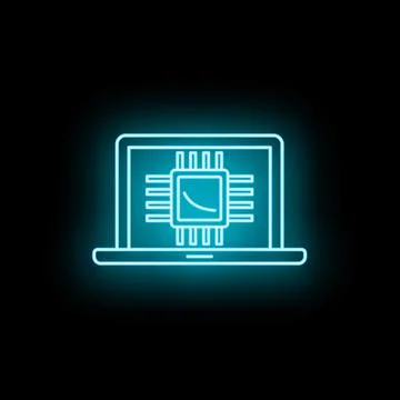 Laptop showing central processing unit chip neon icon 스톡 일러스트
