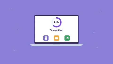 Laptop showing cloud storage usage with a circular progress meter, violet Vídeos de archivo 342594299