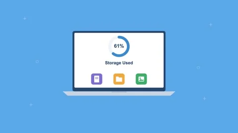 Laptop showing cloud storage usage with a circular progress meter, sky blue Stock Footage 342594309