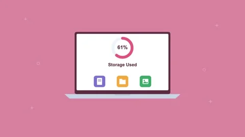 Laptop showing cloud storage usage with a circular progress meter, rose pink 스톡 동영상 342594313
