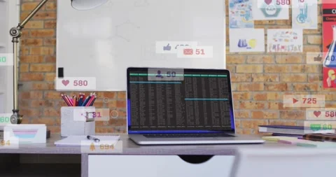 Laptop showing code getting alerts badges rising over screen then fading showing Stock Footage 330602899