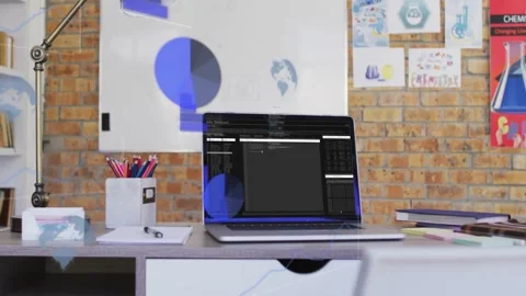 Laptop showing code, graphics entering TL, overlaying screen, forming pie-chart Stock Footage 333833508