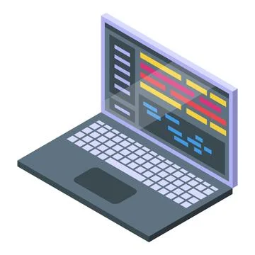 Laptop showing code on screen in isometric view Stock Illustration