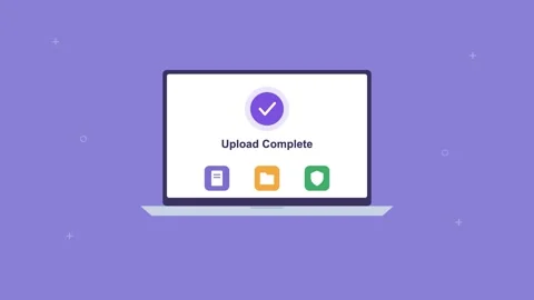 Laptop showing a completed cloud upload with a checkmark and file icons, violet 스톡 동영상 342594571