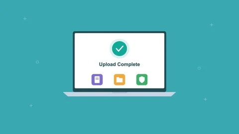 Laptop showing a completed cloud upload with a checkmark and file icons, teal Vídeos de archivo 342594578