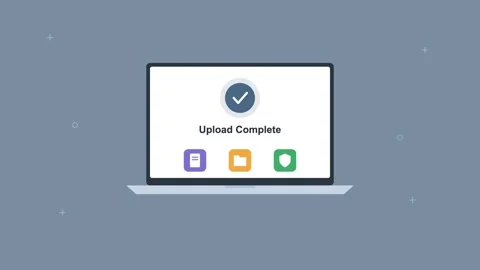 Laptop showing a completed cloud upload with a checkmark, slate gray 스톡 동영상 342594579